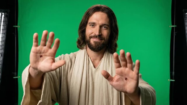 Jesus Christ gesturing with open hands showing stigmata wounds marks. Religious man character in traditional robe. Catholic faith depiction against green screen background.