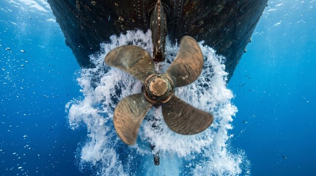 Dynamic Marine Propulsion System showcases powerful ship propeller churning underwater wake, symbolizing global trade, deep-sea journey, and sustainable ocean logistics technology.