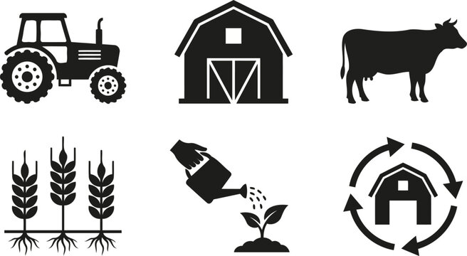 Agriculture and Farming Vector Icon Set: Tractors, Barn, Cattle, Crops, Irrigation, and Recycle Symbols