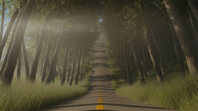 Sunlit forest path with tall bamboo trees and grassy verge at golden hour