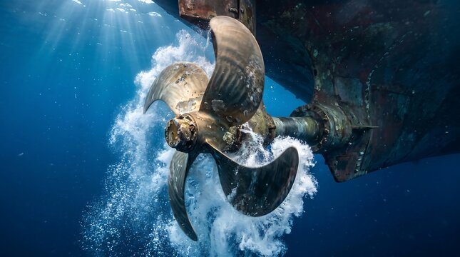 Powerful Boat Propeller Underwater in Dynamic Deep Blue Ocean, Ideal for Marine Propulsion Technology and Shipping Advertising