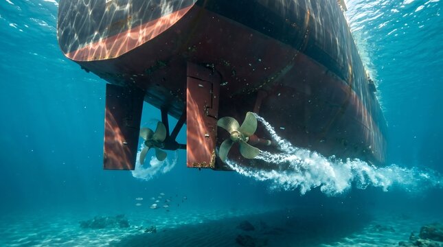Powerful ship propellers underwater generating cavitation bubbles, illustrating global shipping logistics and advanced marine engineering technology for modern trade.