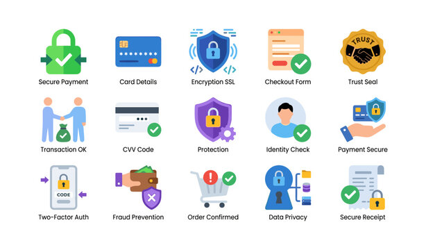 Payment security icons showing trust features on white background
