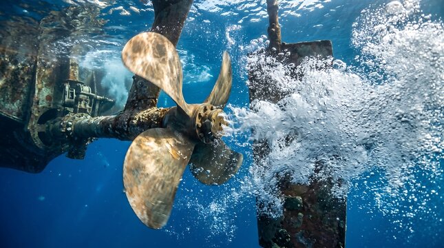 Underwater Boat Propeller powering marine shipping vessel, generating intense bubbles for industrial engineering, maritime advertising, and dynamic technology concepts.