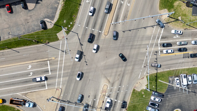 Aerial view of a busy city road intersection for professional stock photograp...