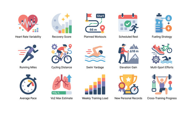 Training recovery icons showing workout metrics on white background