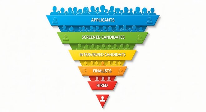Colorful marketing funnel illustration showing applicant lead conversion process with segmented stages from awareness to sales close in vibrant gradient pyramid design perfect for business strategy