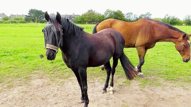 Two horses coupling and interacting closely, captured with focus on the horse heads showing natural animal behavior and bonding. The image highlights equine communication, affection, 