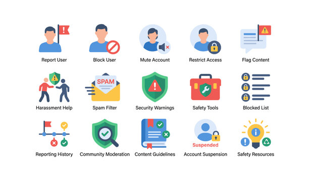 User safety and moderation icons arranged in grid on white