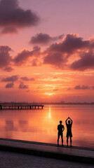 Fototapeta premium Two individuals stretching and preparing for a morning workout on a tranquil promenade by the sea, embracing a healthy lifestyle and the start of a new day under a vivid dawn sky