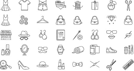 Fototapeta premium Comprehensive collection of fashion and beauty line icons featuring clothing accessories makeup sewing tools and luxury shopping elements for design vector illustration