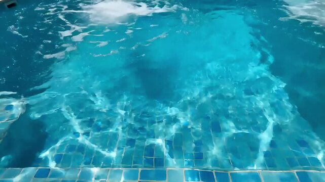 Clear blue swimming pool water with tiled bottom and ripples