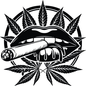 Black and white cannabis, marijuana leaf logo, lip smoking joint, vector illustration