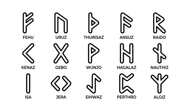 Runic alphabet symbols arranged in labeled grid on white background
