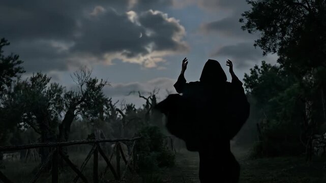 Man in robe praying under night sky. Silhouette of faithful person standing in garden Gethsemane during evening. Spiritual connection and religious reflection.