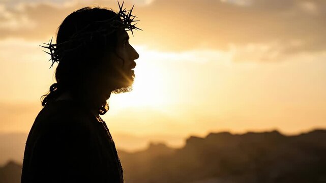 Jesus Christ wearing crown of thorns in silhouette against sunset sky. Religious depiction of divinity and salvation. Christian spiritual concept for Easter holiday.