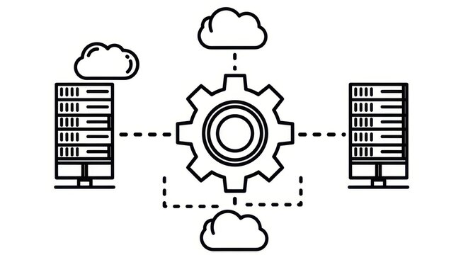 Black and white server computers syncing with gear and cloud icons