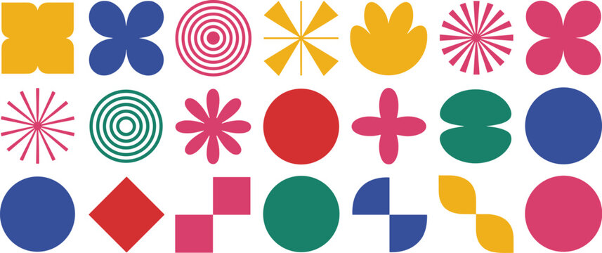 Vibrant Geometric Shapes and Abstract Icons in a Memphis Style on a White Background vector illustration