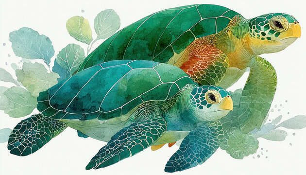 Two Sea Turtles Swimming in Watercolor Illustration