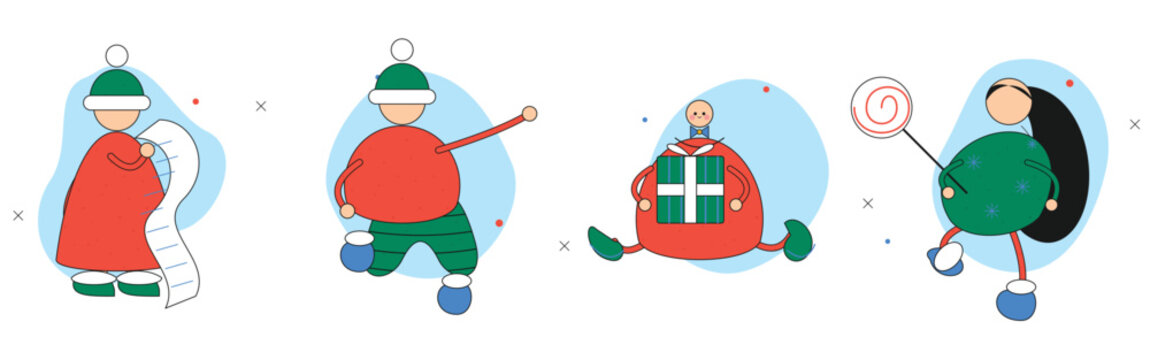 Chubby festive characters in santa hats with abstract holiday elements and a white background