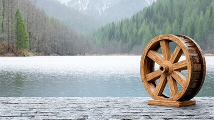 Fototapeta premium Wooden water wheel by lake, rustic landscape with forest and mountain reflection