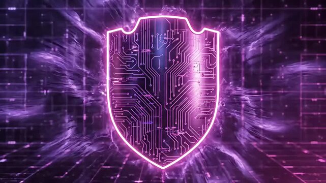 Futuristic purple shield with circuit board design and glowing lightning for cybersecurity concepts