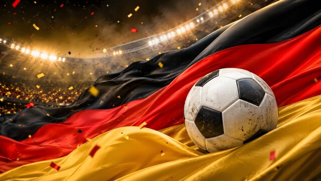 Soccer ball on German flag at stadium