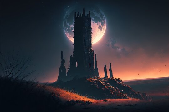 A dark medieval fantasy landscape with a tall black Romanesque tower, silhouetted against the full moon.