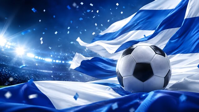 Soccer ball on Scottish Argentina flag at stadium