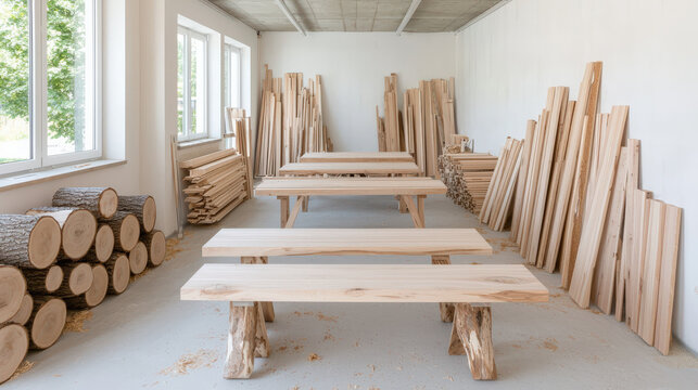 Traditional carpentry workshop with natural light, wooden plank stacks and log pile in clean interior