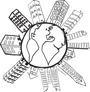 silhouette Illustration made with a marker overpopulation of buildings in the world