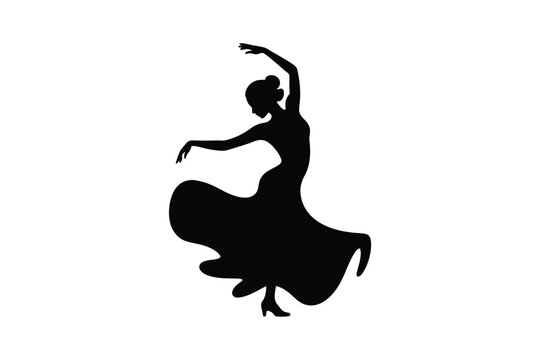 Black silhouette of a female flamenco dancer in a long flowing dress, captured in a dynamic pose with arms raised, isolated on a white background, representing traditional spanish dance