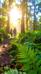 Fototapeta premium Vertical close up of a green fern frond in a sunlit forest with blurry people walking on a trail representing eco tourism hiking and environmental conservation in a peaceful natural parkland