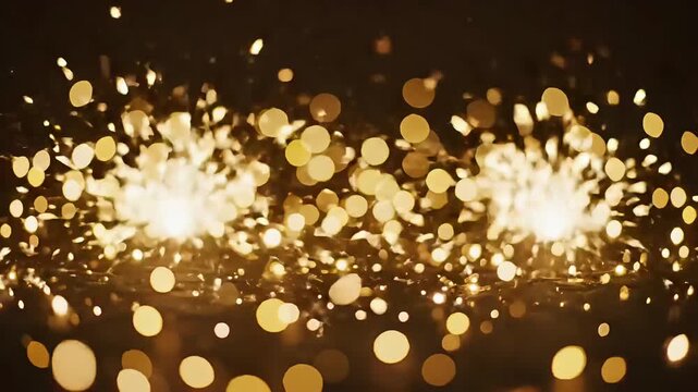 Golden light bokeh sparks flying in dark background for celebration concepts