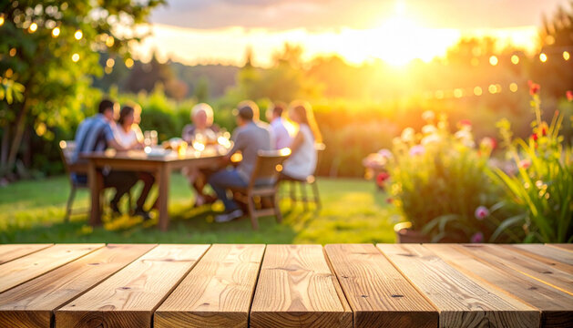 Wooden table top offering copy space with a blurred festive garden party and friends in the background during a golden sunset for outdoor event promotion and summer celebration invitations