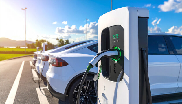 Electric vehicle charging station with white cars parked