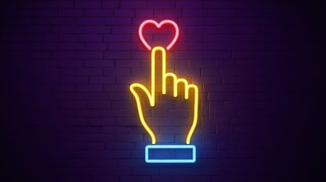 Neon hand pointing with heart symbol on brick wall background