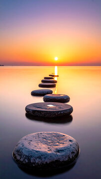 Macro view of smooth zen stones forming a path across a calm water surface at sunset with golden sunlight reflection for meditation wellness and peaceful spiritual leadership conceptual background