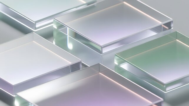 Abstract arrangement of translucent square platforms with glowing neon edges 3d render high-quality