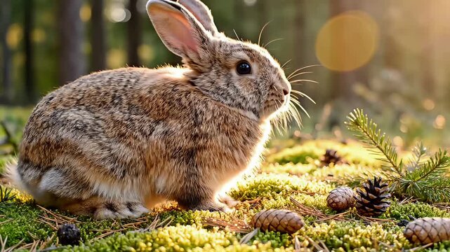 Brown rabbit sitting on mossy forest floor with pine cones and greenery