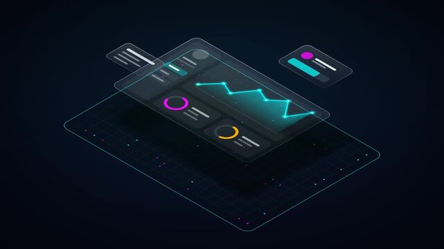 A futuristic isometric 3D floating UI dashboard, presenting complex data analytics on multi-layered translucent displays.