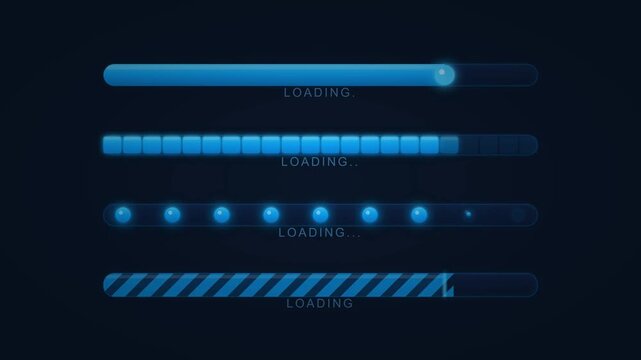 Futuristic blue loading bar set, digital progress indicator collection, glowing neon status bars for UI design, tech interface elements