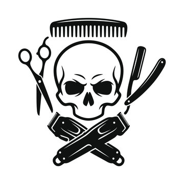 Barber skull with comb scissors and clippers vector