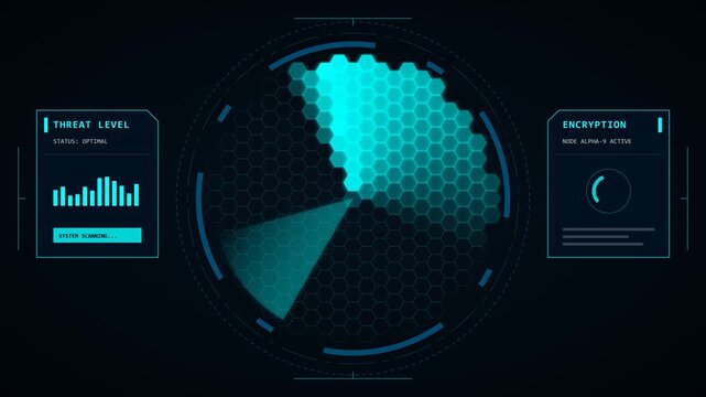 A robust cyber security hexagonal shield UI, actively protecting data networks within a high-tech frosted glass environment.