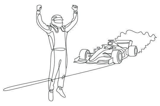 Black and white line of a triumphant race car driver celebrating victory next to a speeding open-wheel race car