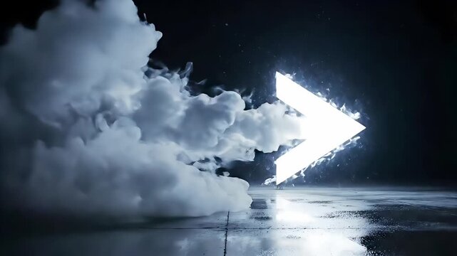 Glowing white arrow emerging from clouds into a bright light
