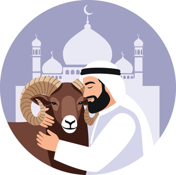 Eid al adha illustration of a man hugging a ram in front of a mosque