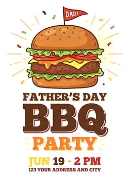 Fathers day bbq party invitation flyer with a delicious burger illustration, festive confetti, and customizable event details