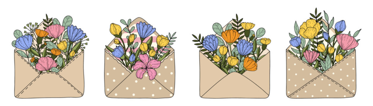 Doodle envelopes and bouquets with floral arrangements set. Concept for rustic minimalist holiday. Hand drawn design elements for wedding, Women's Day, Mother's Day and Birthday. Vector illustration