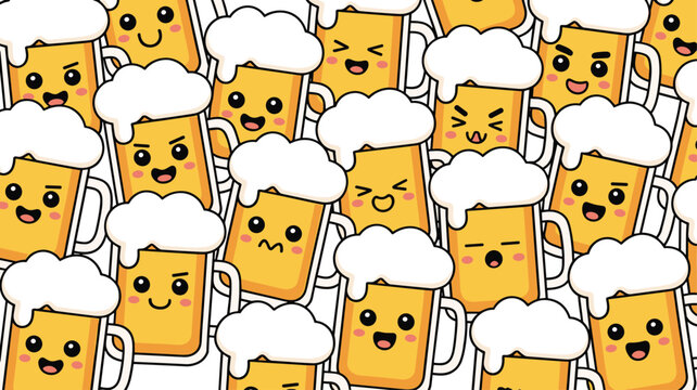 Vector illustration of cartoon beer mugs with foam and cute facial expressions representing fun, party, and beverage design